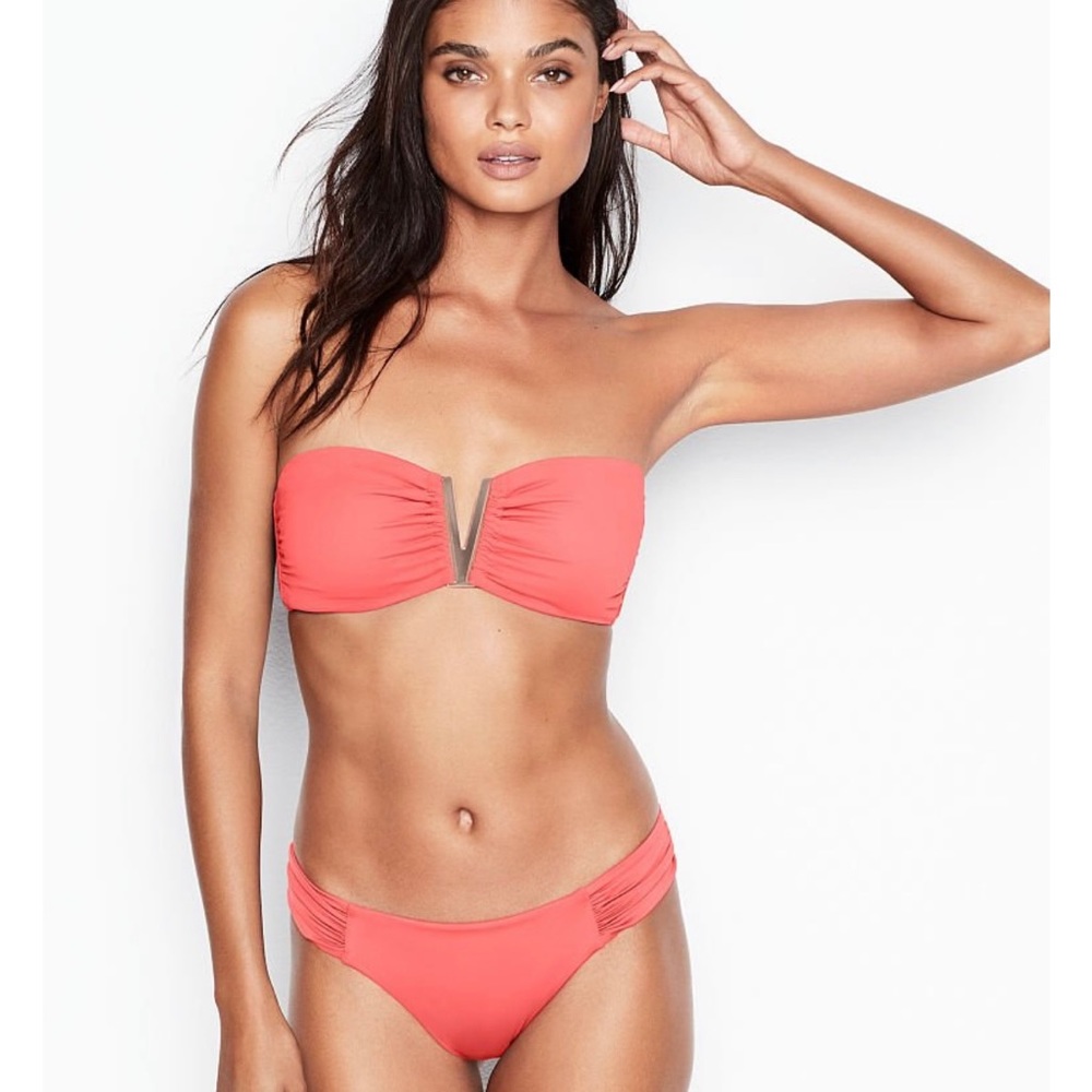 Victorias Secret Small Coral Bandeau Metal V Logo Bikini Top Strapless